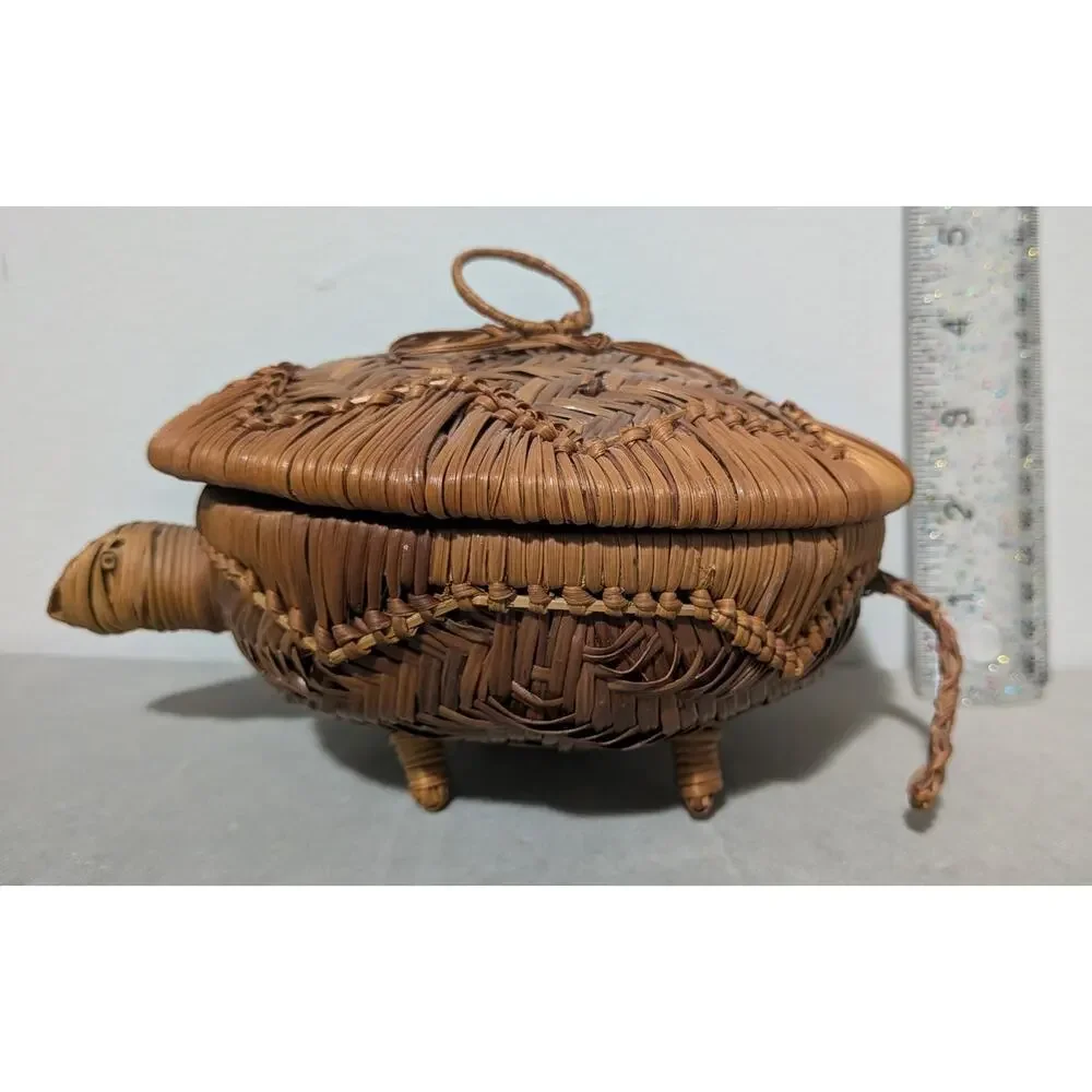 Vintage Hand Woven Wicker Turtle Basket Lidded Trinket Box Rattan Tortoise